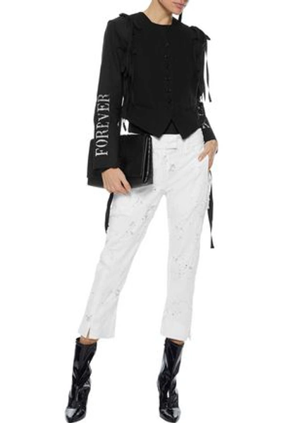 Shop Ann Demeulemeester Woman Cropped Distressed Mid-rise Slim-leg Jeans White