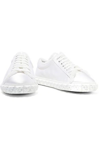 Shop Stuart Weitzman Woman Fringe-trimmed Leather Sneakers White