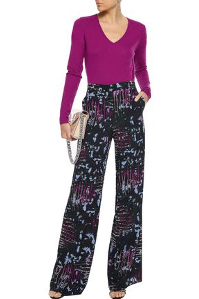 Shop Versace Woman Printed Silk-crepe Wide-leg Pants Midnight Blue