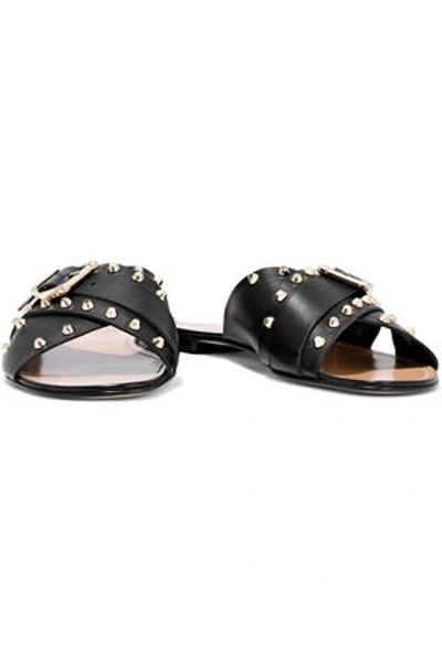 Shop Stuart Weitzman Woman Student Buckled Studded Leather Slides Black