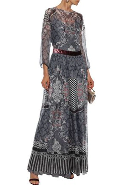 Shop Alberta Ferretti Woman Velvet-trimmed Printed Silk-chiffon Maxi Dress Gray