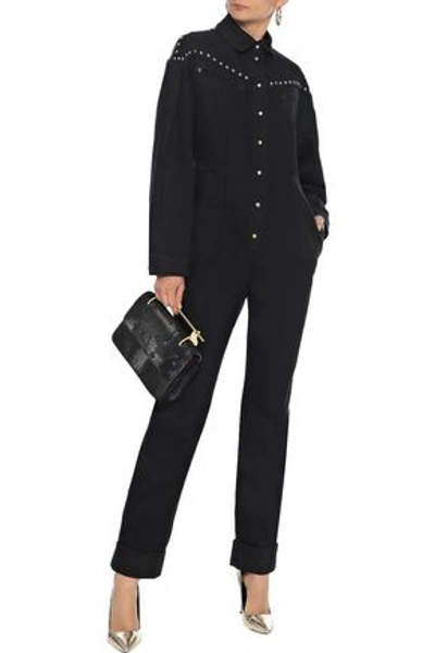 Shop Alberta Ferretti Woman Leather-paneled Studded Denim Jumpsuit Black