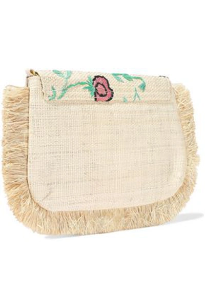 Shop Kayu Amelia Fringed Embroidered Woven Straw Shoulder Bag In Ecru