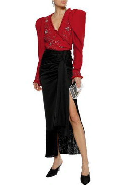 Shop Magda Butrym Marsala Wrap-effect Embellished Silk-crepe Bodysuit In Crimson