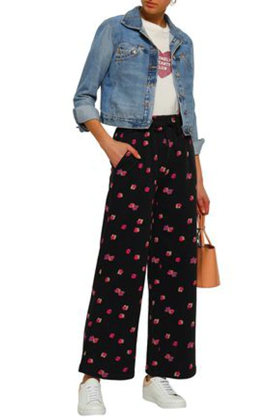 Shop Rebecca Taylor Woman Floriana Floral-print Cotton-fleece Wide-leg Pants Black