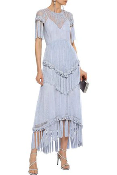 Shop Alice Mccall Tassel-trimmed Chantilly Lace Maxi Dress In Light Blue