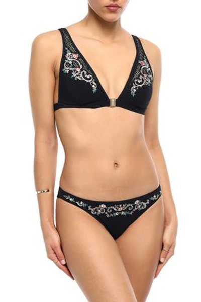 Shop Jets By Jessika Allen Embroidered Mesh-paneled Triangle Bikini Top In Black