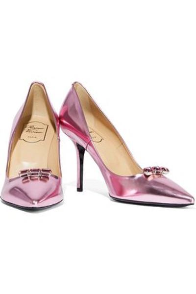 Shop Roger Vivier Woman Crystal-embellished Metallic Leather Pumps Baby Pink