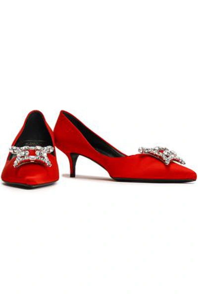 Shop Roger Vivier Woman Crystal-embellished Satin Pumps Red