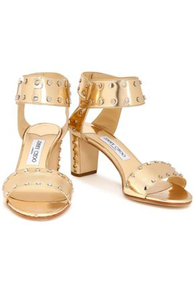 Shop Jimmy Choo Veto Studded Mirrored Metallic Leather Sandals In Gold
