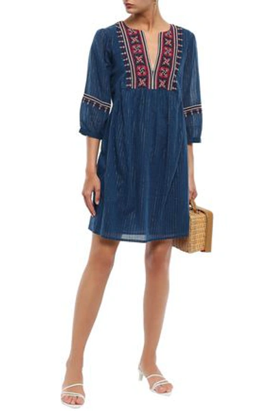 Shop Ba&sh Woman Agda Embroidered Metallic Cotton-blend Gauze Mini Dress Storm Blue