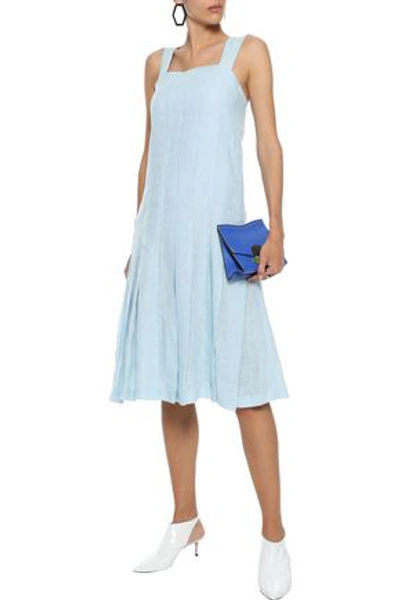 Shop Mansur Gavriel Pleated Linen Dress In Sky Blue