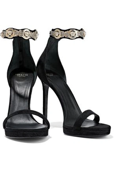 Shop Versace Woman Logo-embellished Suede Sandals Black