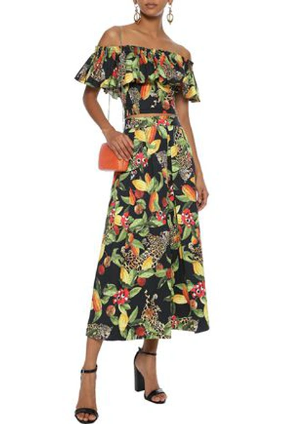Shop Isolda Woman Rio Pleated Printed Cotton-blend Poplin Midi Skirt Black