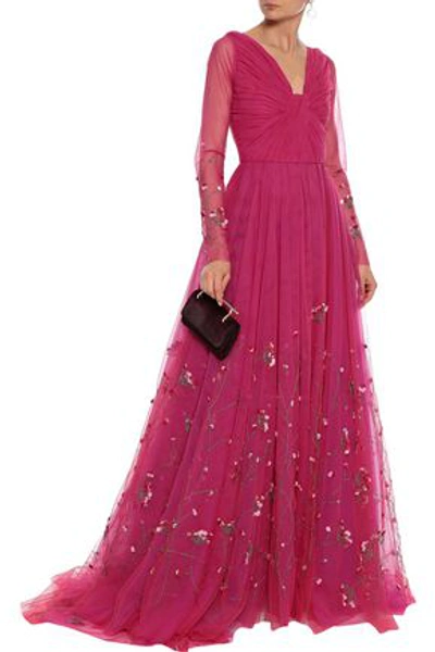 Shop Carolina Herrera Twist-front Embellished Tulle Gown In Fuchsia
