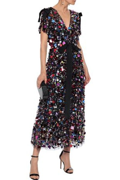 Shop Carolina Herrera Woman Bow-detailed Sequined Tulle Midi Dress Black