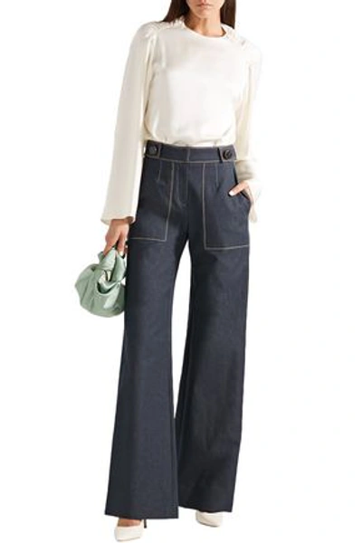 Shop Carolina Herrera Woman Button-embellished High-rise Wide-leg Jeans Dark Denim