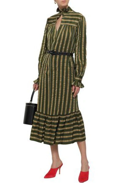 Shop Alexa Chung Alexachung Woman Belted Satin-jacquard Midi Dress Army Green