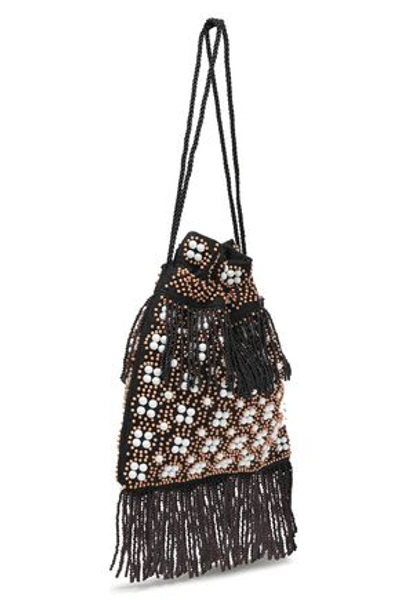 Staud Lance Beaded Fringed Canvas Shoulder Bag In Black ModeSens