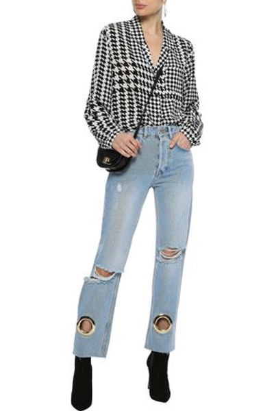 Shop Anine Bing Woman Giovanna Eyelet-embellished Distressed High-rise Straight-leg Jeans Light Denim