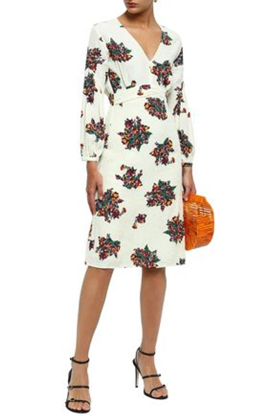 Shop Ba&sh Ruched Floral-print Jacquard Dress In Ivory