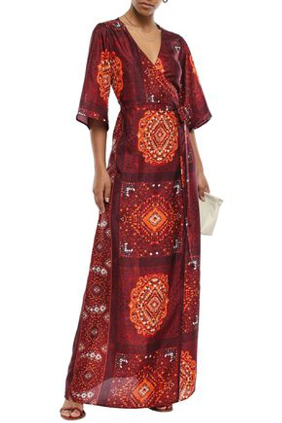 Shop Ba&sh Woman Heart Printed Silk Maxi Wrap Dress Merlot