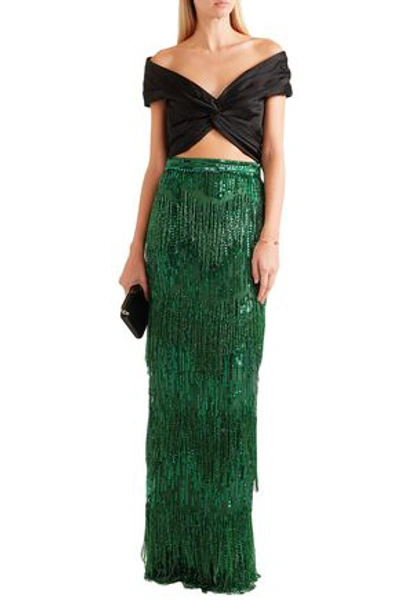 Shop Naeem Khan Woman Embellished Sequined Tulle Maxi Skirt Green
