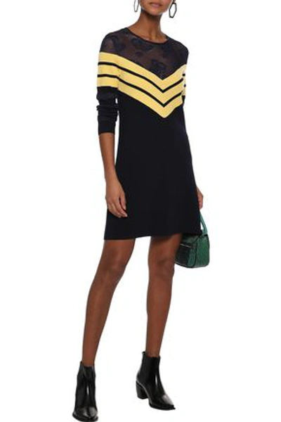 Shop Alexa Chung Alexachung Woman Lace-paneled Striped Wool-blend Mini Dress Navy