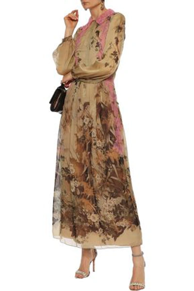 Shop Alberta Ferretti Woman Lace-appliquéd Printed Silk-chiffon Maxi Dress Sand