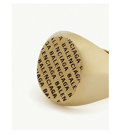 Shop Balenciaga Engraved Logo Signet Ring In Antique Gold