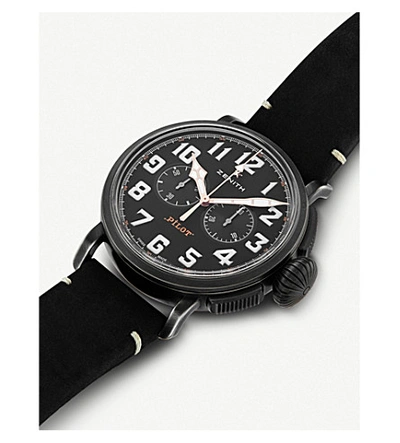 Shop Zenith 11.2432.4069/21.c900 Pilot Type 20 Stainless Steel And Leather Chronograph Watch In Black