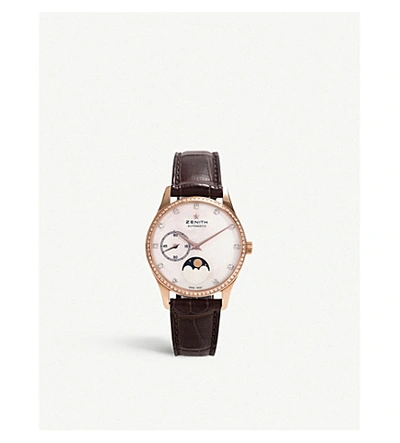 Shop Zenith 22.2310.692/81.c709 Elite Lady Moonphase Rose-gold And Calfskin-leather Automatic Watch In Brown