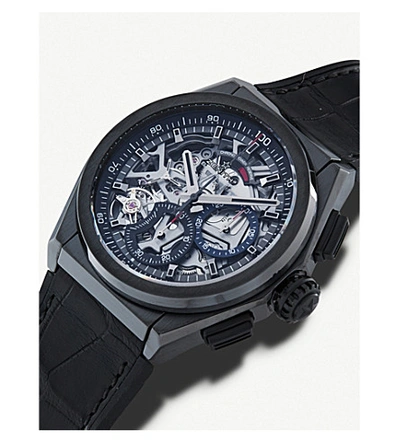 Shop Zenith 24.9000.9004/78.r582 Defy El Primero Aluminium And Leather Strap Chronograph Watch In Black