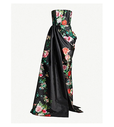 Shop Alex Perry Floral-print Strapless Satin Gown In Black Floral