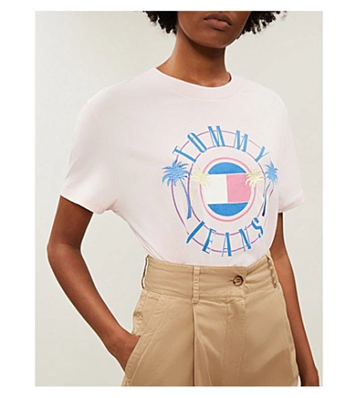 Shop Tommy Jeans Logo-print Cotton-jersey T-shirt In Roseate Spoonbill