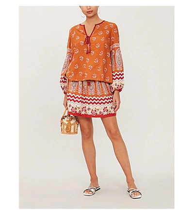 Shop Tigerlily Heloise Floral-print Linen-blend Skirt In Rust