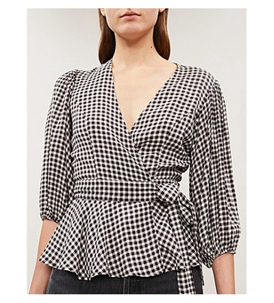 Shop Ganni Gingham Crepe Wrap Top In Black