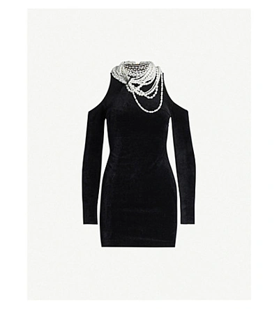 Shop Balmain Faux-pearl And Diamond Embellished Velvet Mini Dress In Black