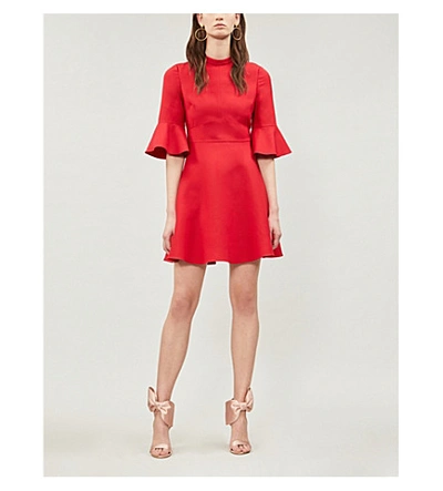 Shop Valentino Bell-sleeve Wool And Silk-blend Crepe Dress In Rosso