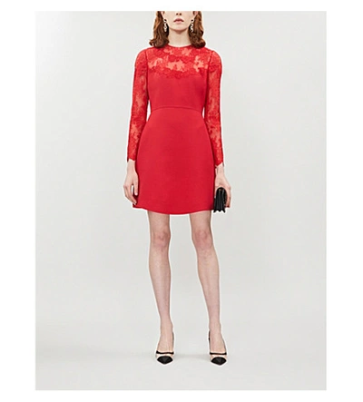 Shop Valentino Lace-panelled Wool And Silk-blend Mini Dress In Red