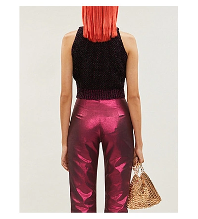 Shop Versace High Neck Cropped Wool-blend Top In Nero Fuxia