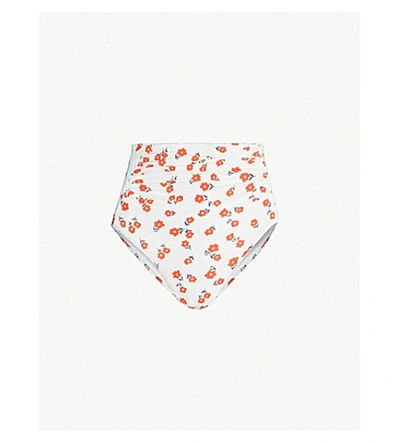 Shop Self-portrait Floral-print High-waist Bikini Bottoms In Cream