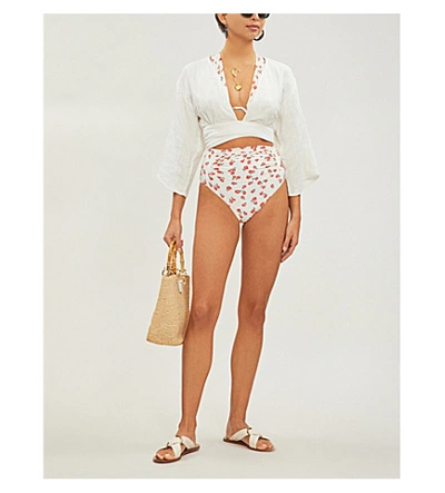 Shop Self-portrait Floral-print High-waist Bikini Bottoms In Cream