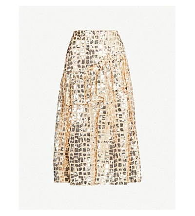 Shop Simone Rocha Sequin-embellished Ruffled Tulle Midi Skirt In Gold
