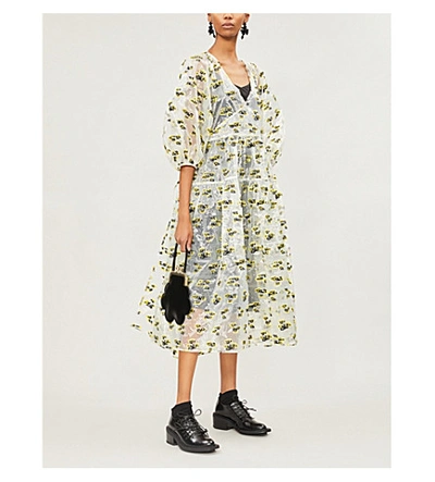 Shop Cecilie Bahnsen Regitze Floral-embroidered Silk Midi Wrap Dress In Clear/yellow