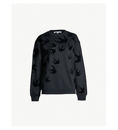 Shop Mcq By Alexander Mcqueen Swallow-flocked Cotton-jersey Sweatshirt In Darkest Black