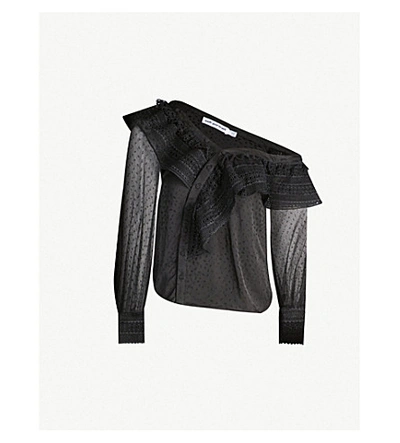 Shop Self-portrait Cold-shoulder Lace-trimmed Ruffled Crepe Top In Black