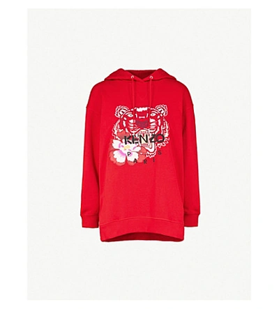 Shop Kenzo Womens Medium Red Floral Tiger-embroidered Cotton-jersey Hoody