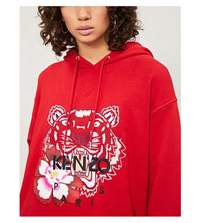 Shop Kenzo Womens Medium Red Floral Tiger-embroidered Cotton-jersey Hoody