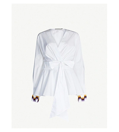 Shop Mary Katrantzou Orla Embroidered-cuff Stretch-cotton Wrap Top In White